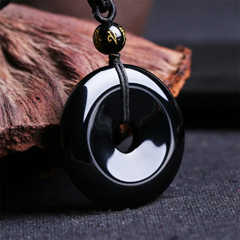 Natural Stone Obsidian Round Peace Clasp Pendants Necklace Trendy Jewelry black Glossy Safety Button Pendant With Lucky Chain