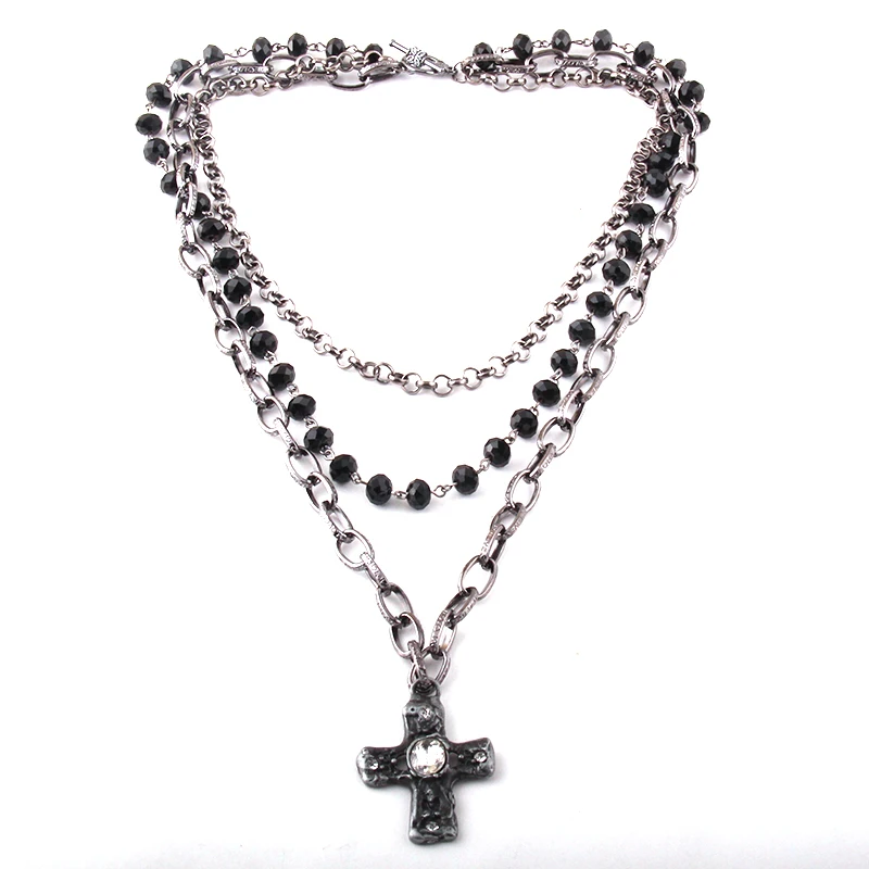 Fashion Bohemian Tribal Jewelry 3 Layer Multiple Black Glass Crystal Rosary Link & Chain Cross Pendant Necklaces