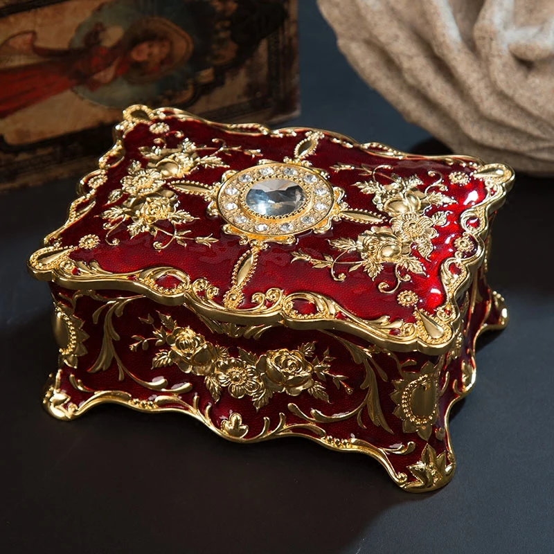 

European Rectangle Shape Middle Embossed Gold Plated with Red Blue Epoxy and Stones Jeweled Metal Jewelry Trinket Storage Box