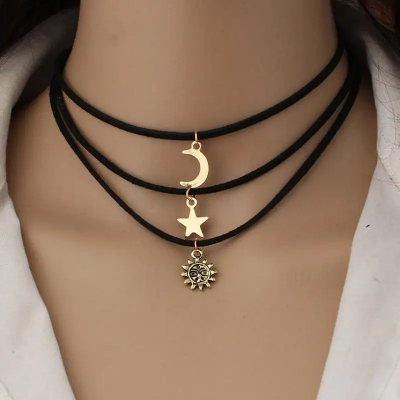 3pcs Europe Ad The United States Wild Multi-layer Velvet Necklace Star Moon Sun Dragon Short Necklace Jewelry Statement Necklace