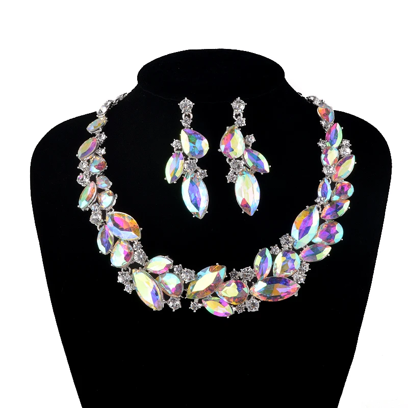 AB Color Marquise Rhinestone Bridal Wedding Jewelry Sets Women Party Necklace Earrings Set Crystal Unique Dress Accessories