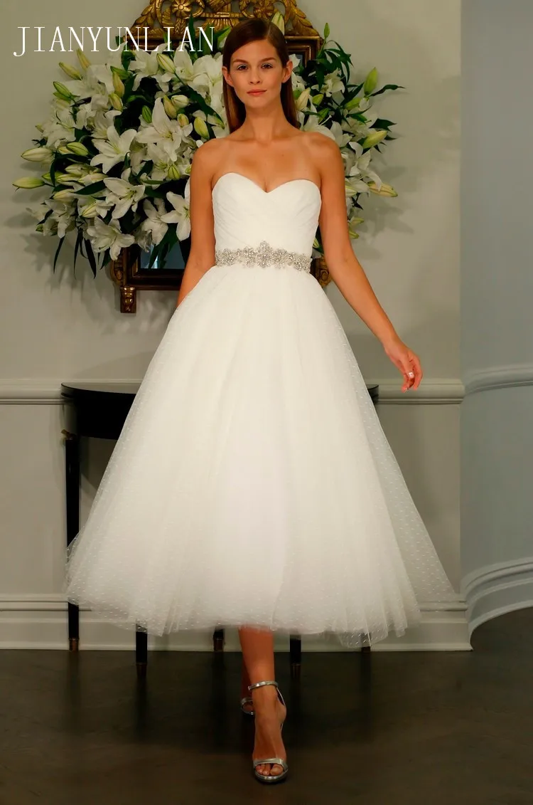 

New Sweetheart Tea-length Short Dotted Tulle Wedding Dresses Gown With Beaded Sash vestido de noiva