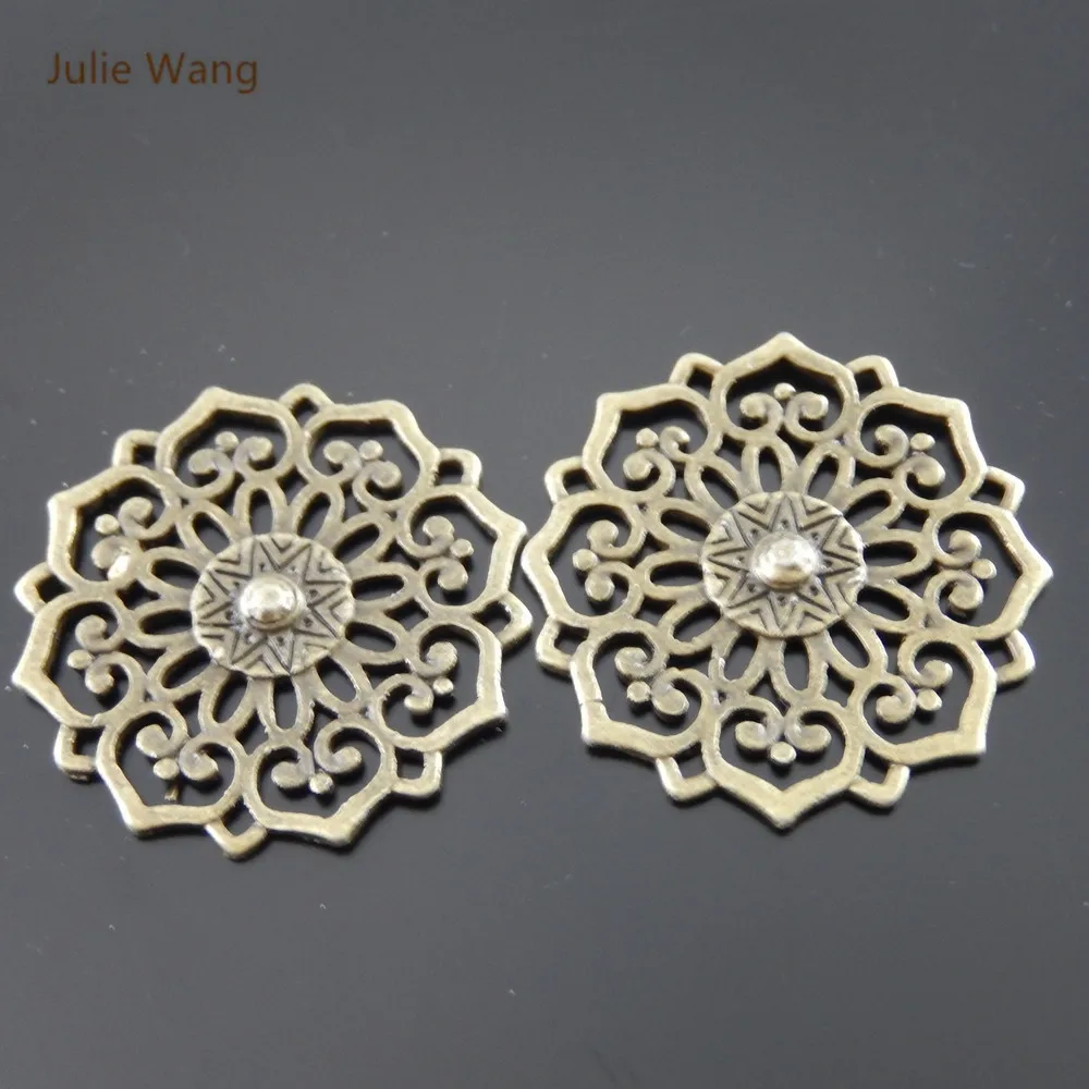 Julie Wang 3PCS 30mm Bohemia Charms Antique Bronze Hollow Round Flower Pendant Handmade Bracelet Jewelry Making Accessory