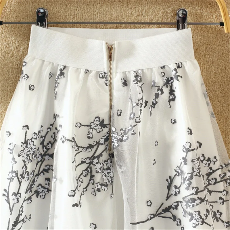 Sanishroly 2023 Sprint Summer Women Floral Print Mesh Skirt Female Elastic High Waist Pleated Skirts Eugenia A-Line Skirt SE096