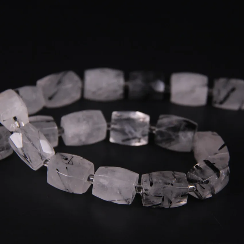 21pcs/str,Faceted Nugget Natural Black Rutilated Quartz Cube Pendant Beads,Rough Crystal Stone Necklace Bracelet Jewel Making