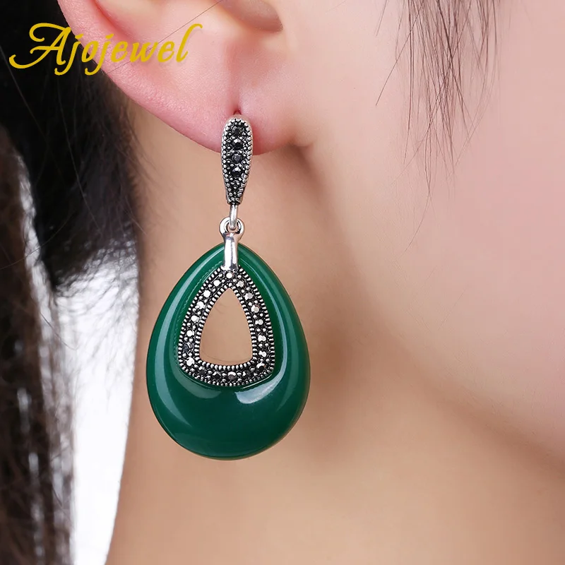 Ajojewel Vintage Style lHollow Water Drop Earrings For Women With Dark Green/Light Green/Red/Blue/Black Stone Hot Sale