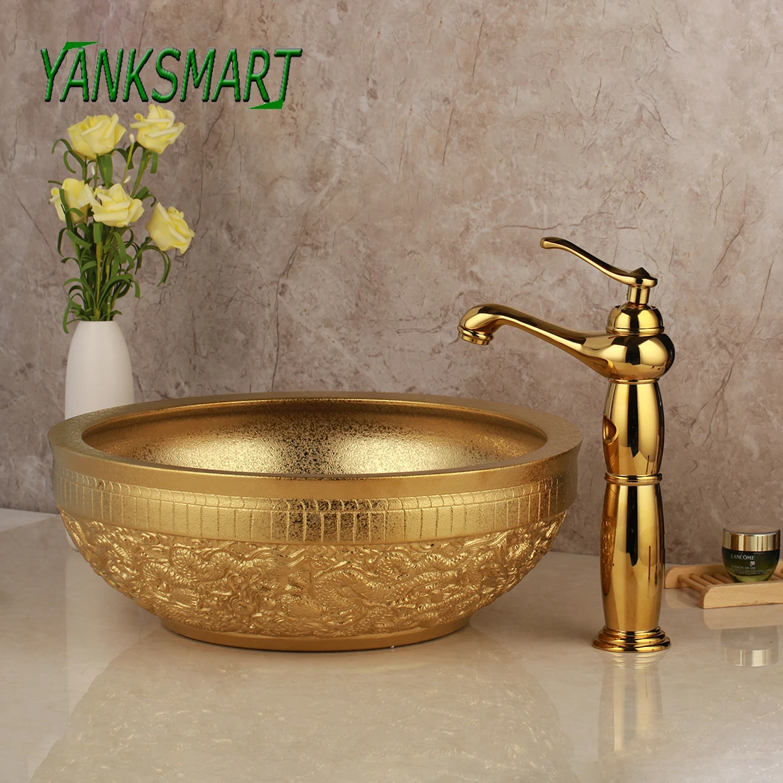 

YANKSMART Round And Oval Bathroom Cloakroom Porcelain Wash Basin Sink Ceramic Basin Sink Counter Top Wash Basin Gold