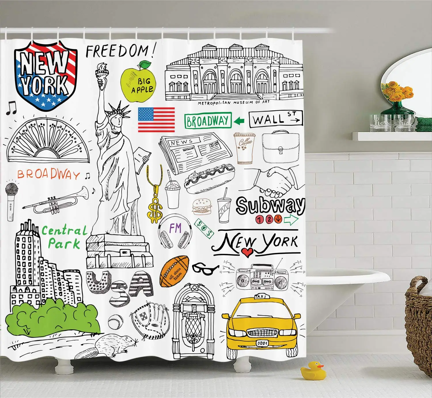 American New York Culture with Metropolitan Museum Broadway Crossroad Wall Street Sketch Style Polyester Shower Curtain