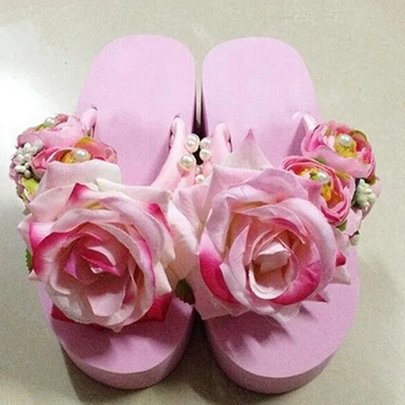 Most Popular 2024 New Original Handmade Flowers pearl Flip-Flops Summer Women Shoes Sandals Platform Wedges Shoes Woman Sandals