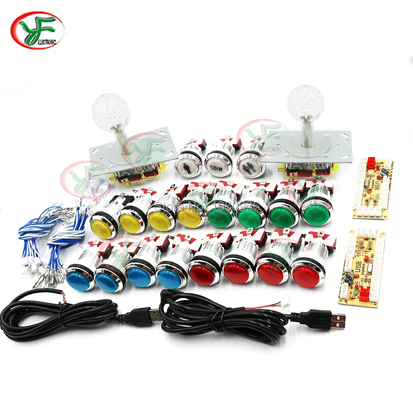 Kit Arcade Joystick DIY Nol Penundaan 2 Pemain dengan 2 Joystick LED + 2 Enkoder USB + 19 Tombol Tekan Lampu 1P 2 P Koin