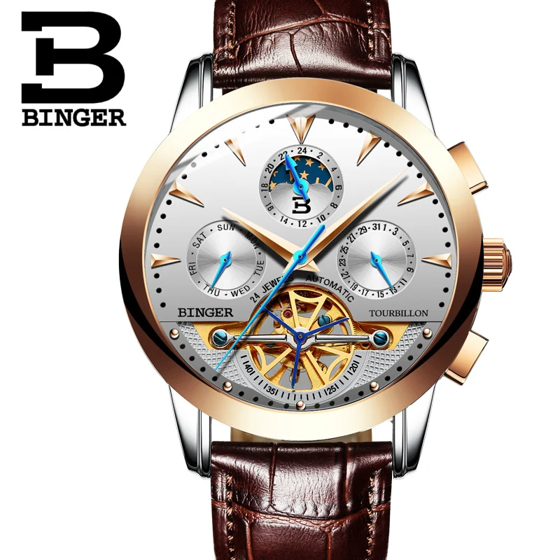 Tourbillion Mechanical Wristwatches Switzerland luxury Men\'s watch BINGER brand Sapphire Genuine Leather Strap Clock B1188-10