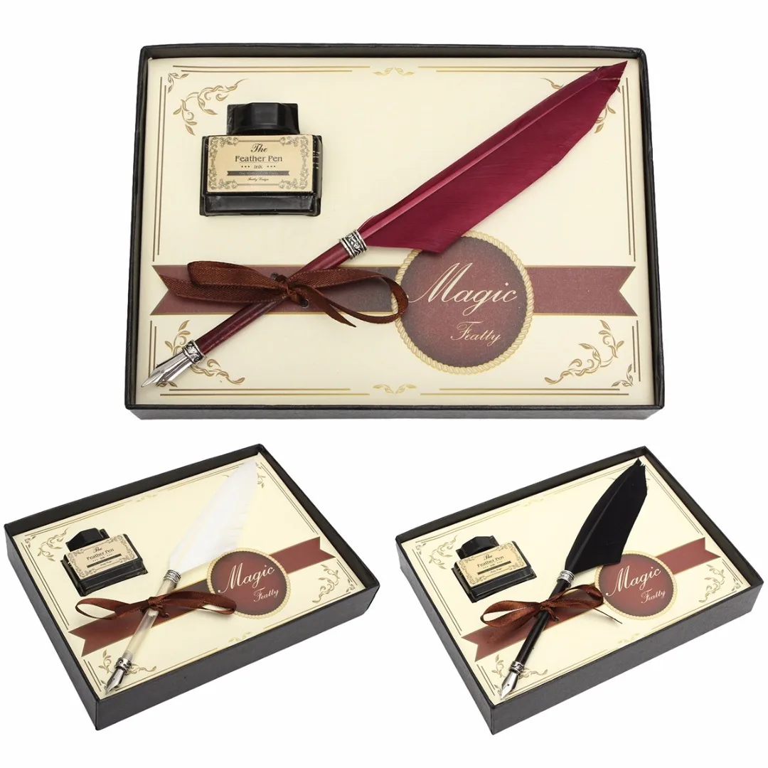 

3Colors Feather Quill Metal Nib Brown Dip Pen Writing Ink Set With Box Gift 21 x 0.5cm