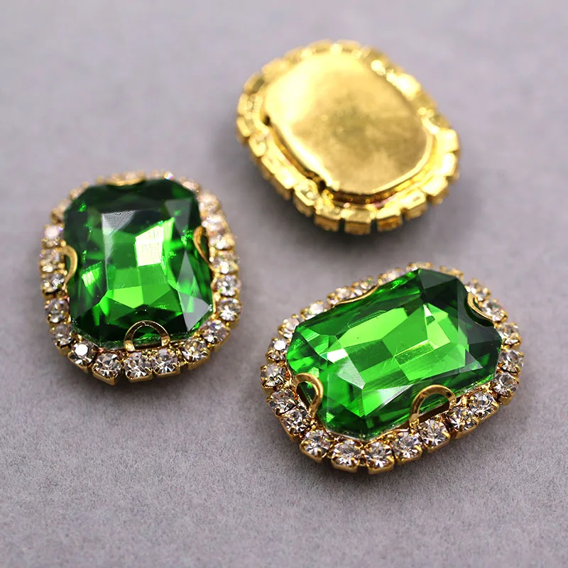 Free shipping Gold base Rectangular octagonal shape Grass Green sew on rhinestones glass Crystal button DIY clothing accessories