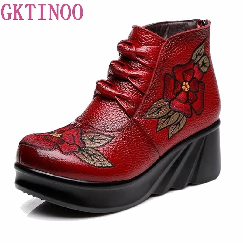 GKTINOO Fashion Handmade Boots For Women Genuine Leather Ankle Shoes Vintage Platform Women Shoes Round Toes Wedges Boots