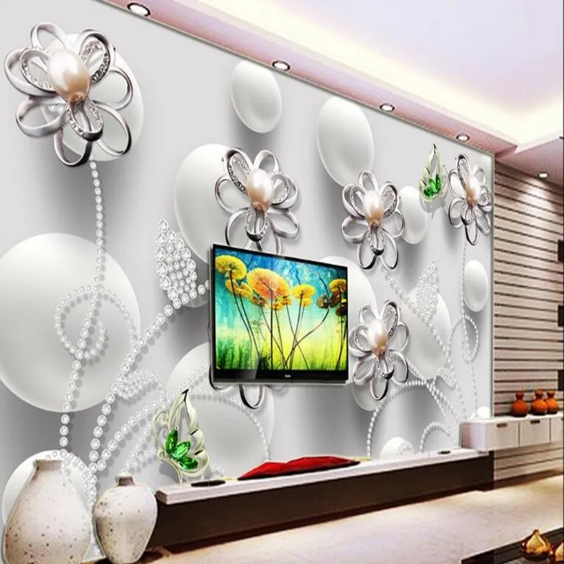 

beibehang Custom large fresco pearl diamond pearl flower three-dimensional murals living room TV backdrop ultra-green wallpaper