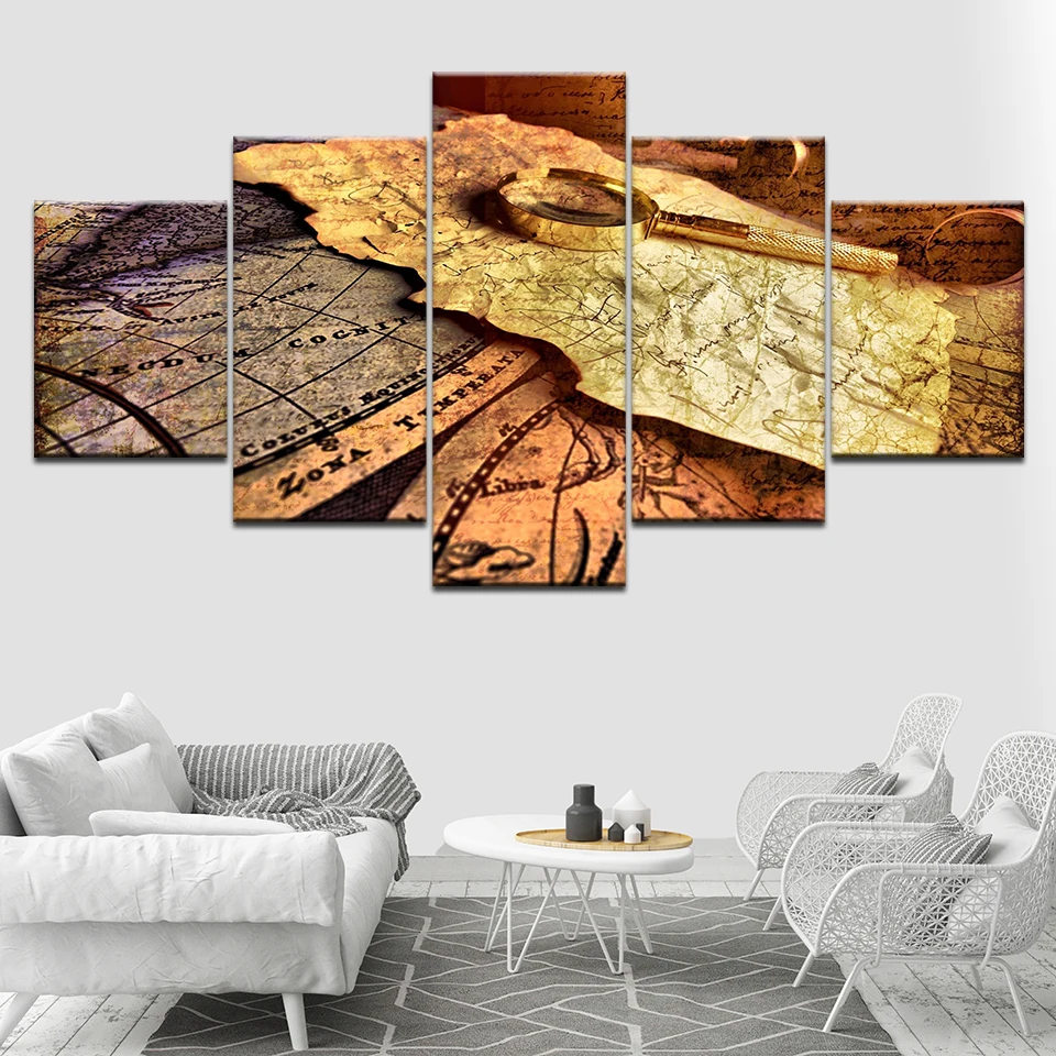 

Retro map and magnifying glass 5 Piece HD Wallpapers Art Canvas Print modern Poster Modular art painting living room Home Decor