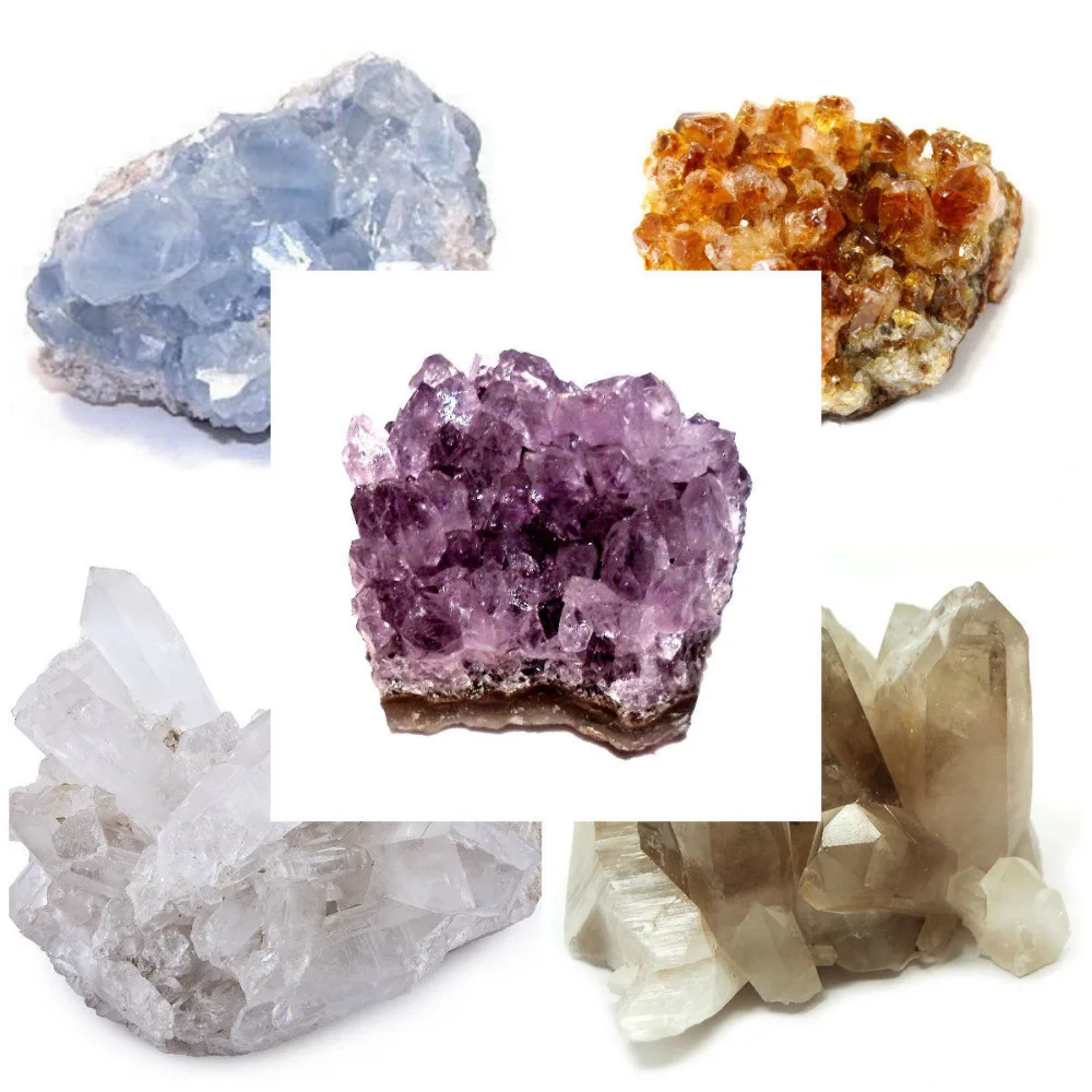 

Lot of 5: Celestite Citrine Amethyst Clear & Smokey Quartz Crystal Cluster Geode