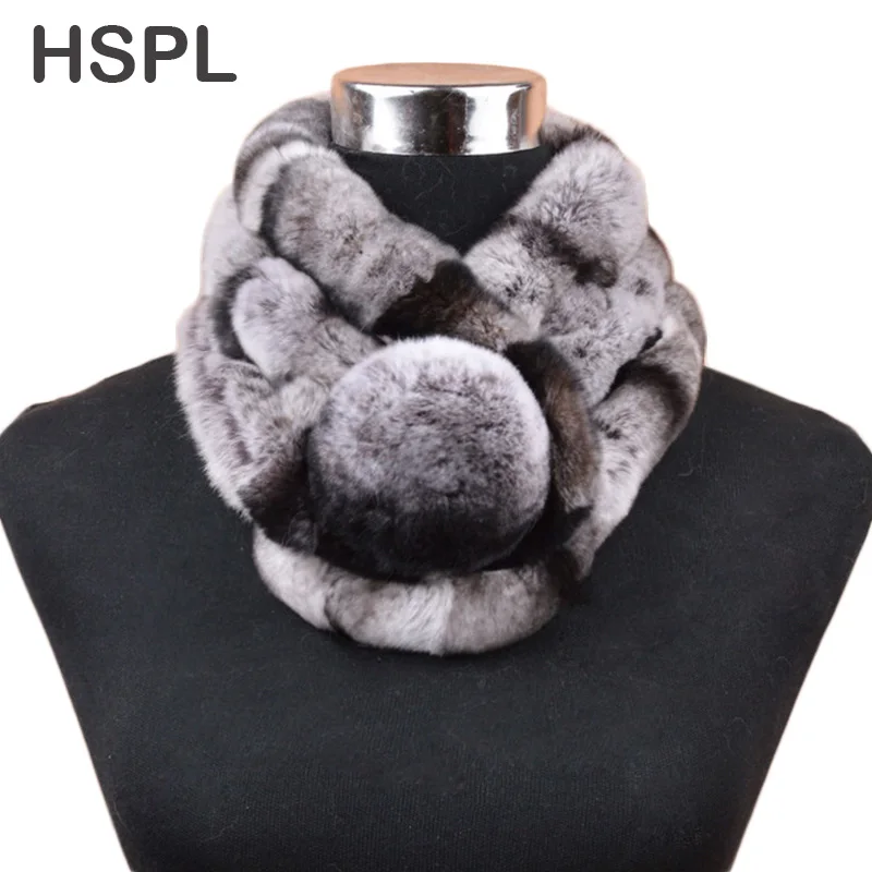 

HSPL Fur Scarf Women Hot sale warm Soft Rabbit Scarves Winter Real Fur Scarf With Big Fur Ball Button cachecol bufandas mujer