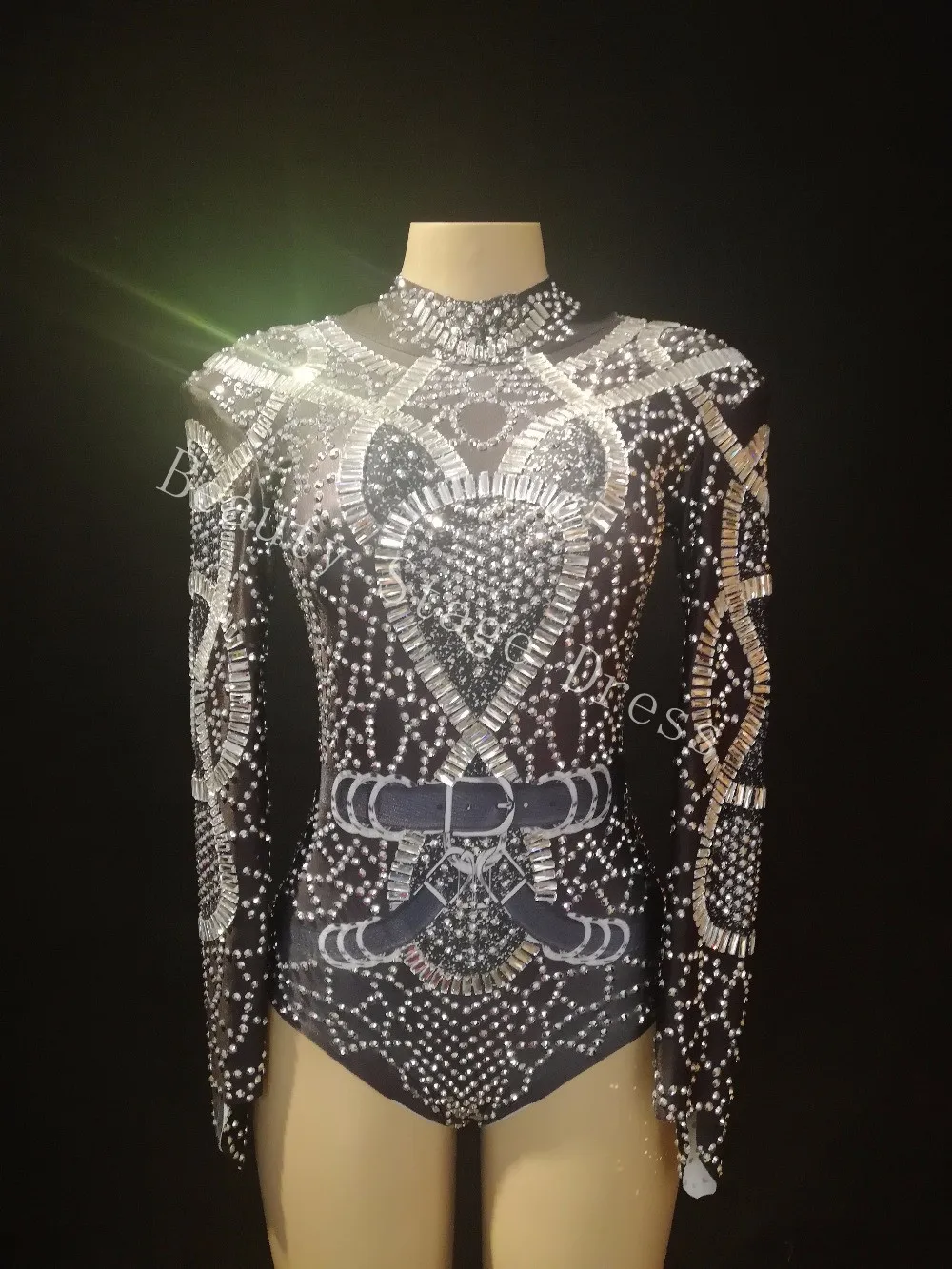 Mono negro elástico con diamantes de imitación para mujer, ropa de baile para cantante, traje para fiesta de cumpleaños y celebración de noche