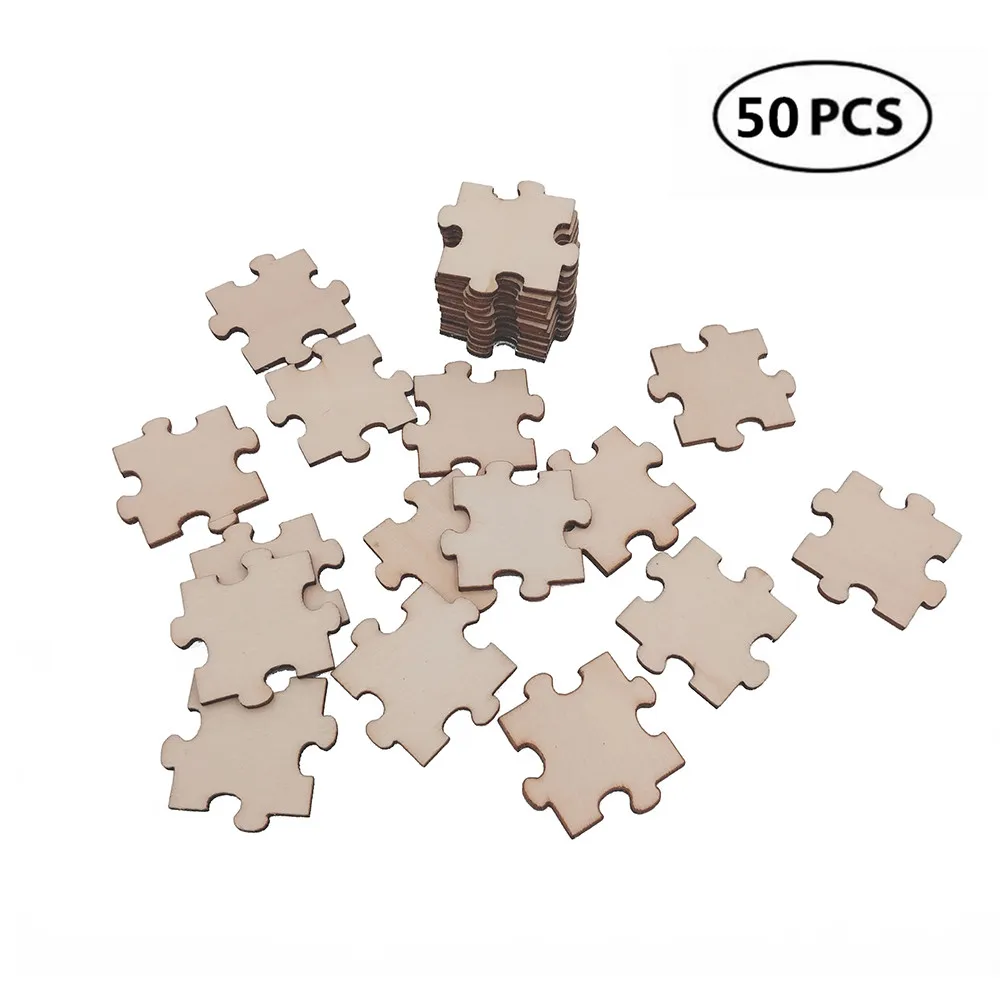 50 szt. 30mm 1.18 cali niedokończone drewniane Puzzle kawałki drewna wycinanki ozdoby rękodzieło do blokowania, Tetris, ślub, urodziny rodziny