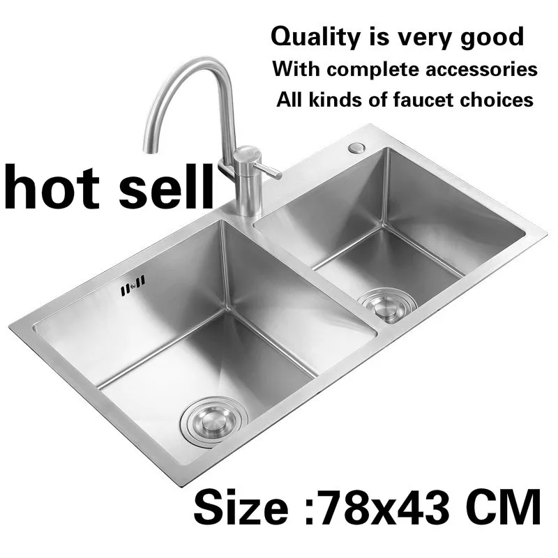 

Free shipping Luxury kitchen manual sink double groove wash the dishes durable 1 mm food grade stainless steel hot sell 78x43 CM