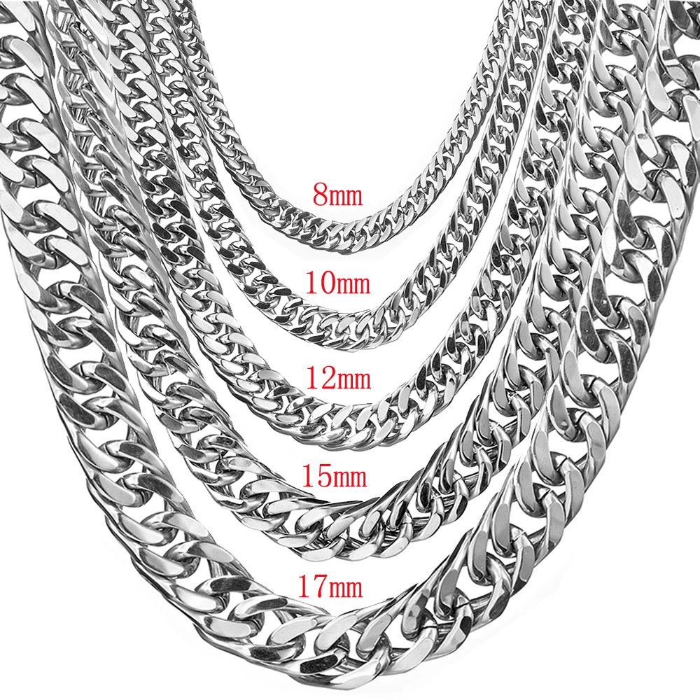 6/8/10/12/15/17mm Wide Silver Color Necklace Bracelet 7-40 Inches Custom Size Stainless Steel Curb Link Chain For Men Jewelry