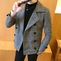 2022 new double-breasted trench coat Veste homme fashion retro tartan jacket autumn and winter men's slim short woolen coat