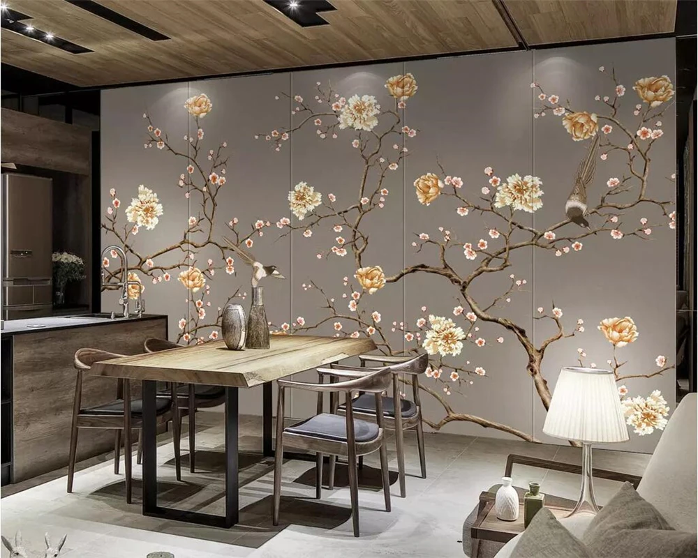 

Wallpaper mural hand-painted flowers and birds art high-end TV background wall 3d wallpaper living room bedroom murals