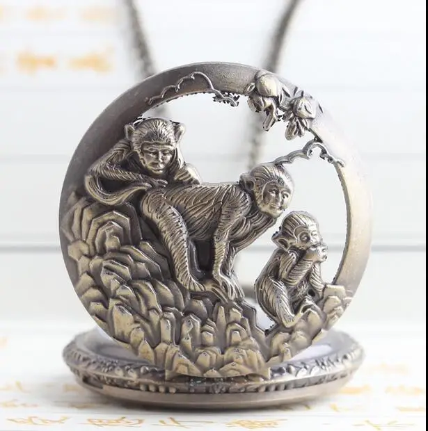 Vintage Zodiac 12 Bronze 3 Monkey Playing Hollow Quartz Pocket Watch Necklace Pendant Carving Back Womens Men GIfts