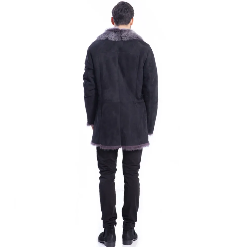 Mens New Style Leather Shearling Jacket Warm Exposed Shearling Notched Collar Black Long Leather Coat