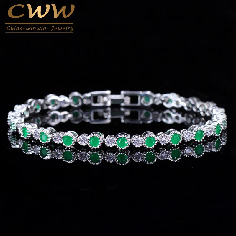 CWWZircons Elegant Women Wristband Jewelry Silver Color Natural Round Green Crystal Bracelet with Cubic Zirconia Stones  CB053