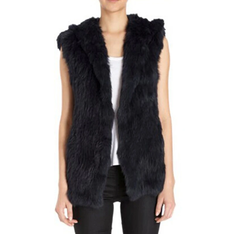 

Autumn Winter Women's Genuine Real Knitted Rabbit Fur Vest with Hoody Lady Waistcoat Female Gilet VF7003