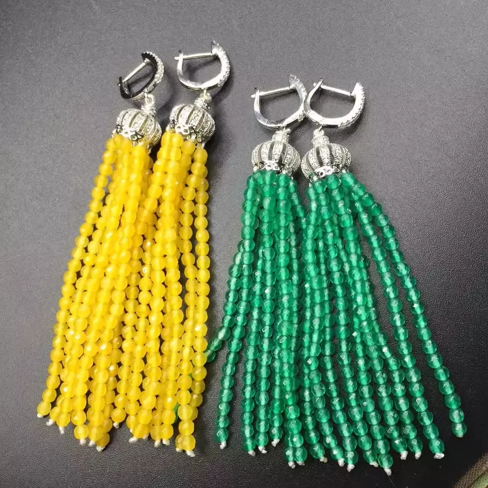 one pair  yellow green agate round faceted 3-4mm s925 hook earrings FPPJ wholesale beads nature