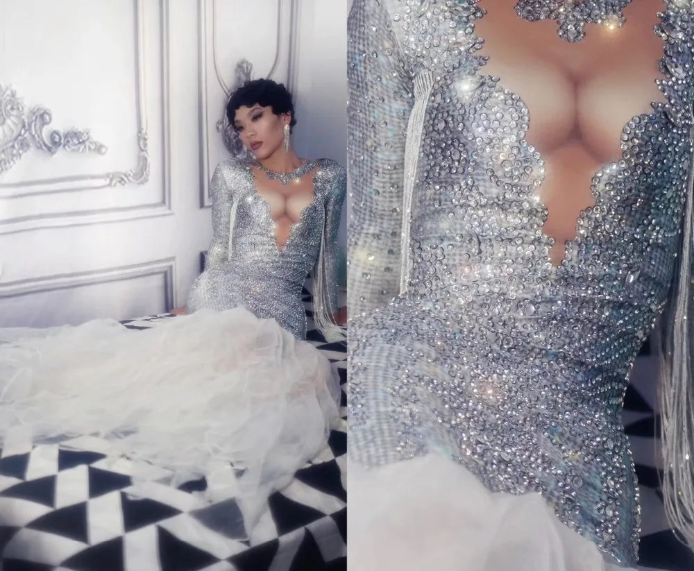 

2020 Sparkly Silver Rhinestones Dress Big Train Women Birthday Dress Prom Celebrate Nude White Mesh Tail Dresses Evening Outfit