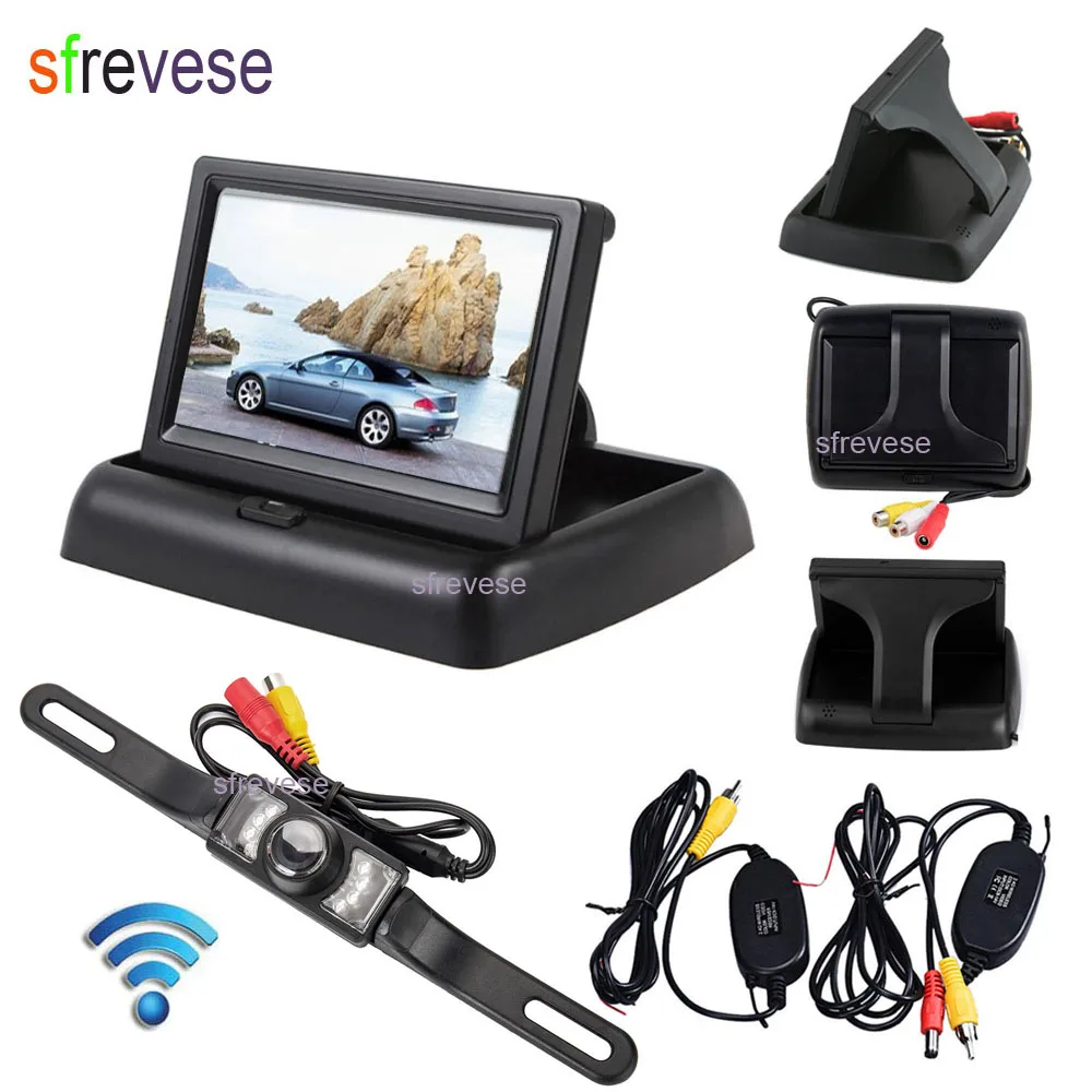 

4.3" LCD Foldable Monitor Car Rear View Kit + Wireless 7 IR Night Vision Car Reversing Parking Backup Camera Waterproof