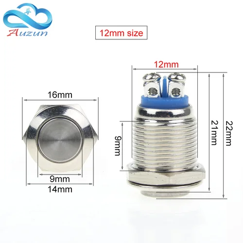 Imagen 2 del producto Interruptor de botón de Reinicio de Metal, pin de tornillo de timbre, contactos plateados niquelados de cobre impermeables, 12mm, 16mm, 19mm, 22mm