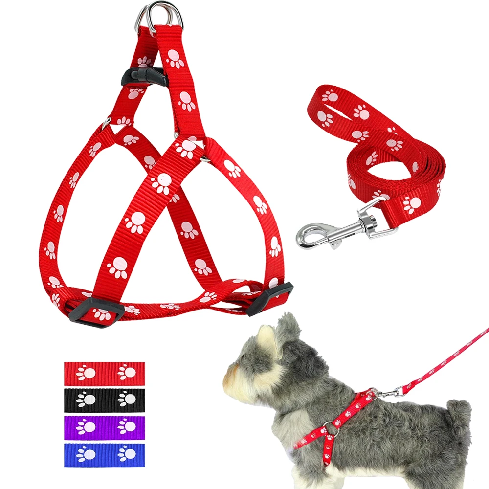 Nylon Dog Harness and Leash Set Adjustable Paw Print Dog Harness Walking Leash Strap for Small Medium Dogs S/M/L