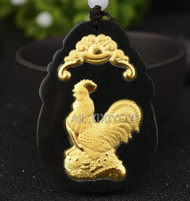 Natural Black Green Hetian Jade + 18K Solid Gold Chinese Twelve Zodiac Animal Amulet Lucky Pendant + Free Necklace Fine Jewelry