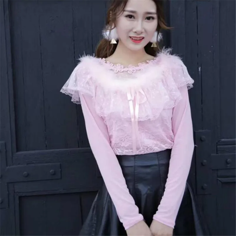 2018 New Summer Autumn Women Ruffles Shirt Sweet Bow Floral Lace Blouse Ladies Long Sleeve Mesh Blouses Blusas Short Tops AB905