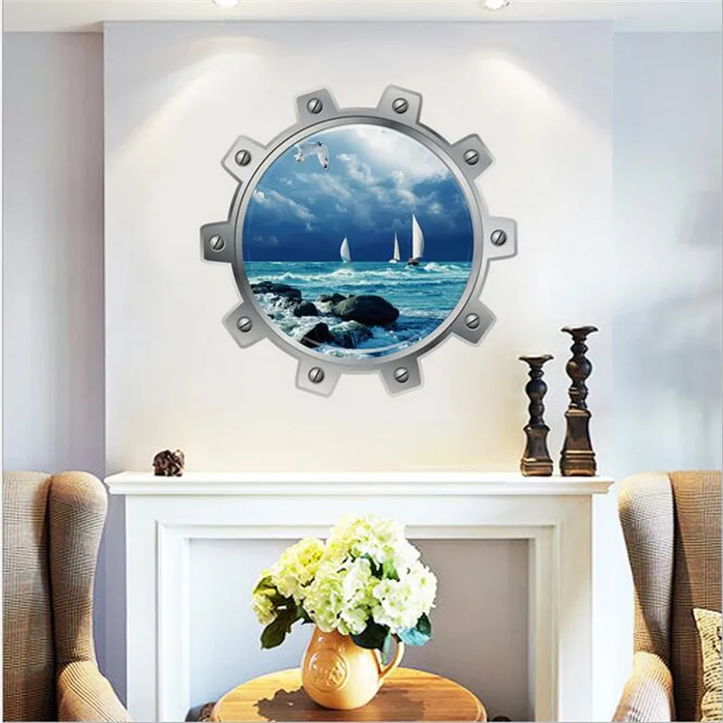 1PCS 3d Vivid Submarine Porthole Wall Stickers Scenic Ocean City Refrigerator Bathroom Home Decoration  Mural Art Pvc Decal