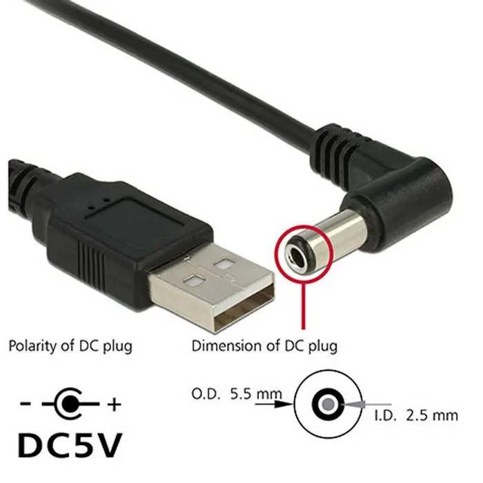 USB 2.0 A Type Male to Straight & Right Angled 90 Degree 5.5 x 2.5mm DC 5V Power Plug Barrel Connector Charge charger Cable 80cm