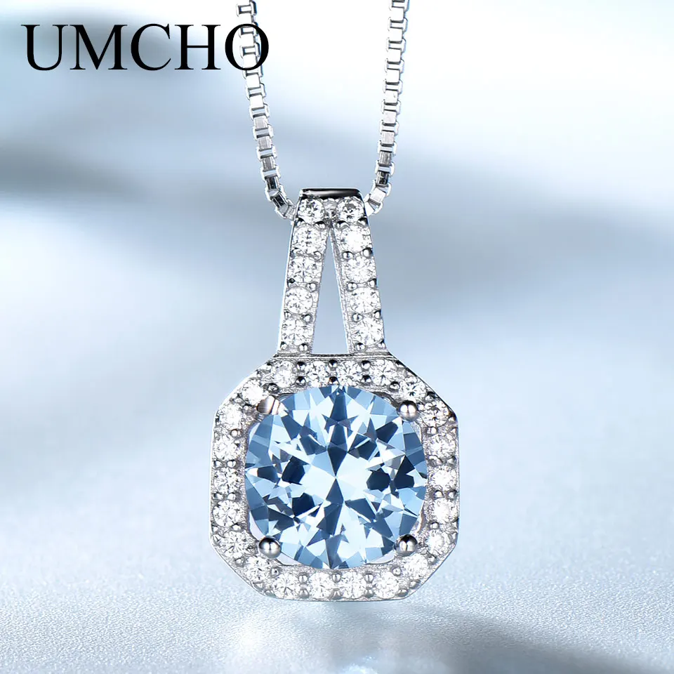 UMCHO Created Sky Blue Topaz Gemstone  For Women Solid 925 Sterling Silver Pendant Brand Fine Jewelry Gift for Wedding