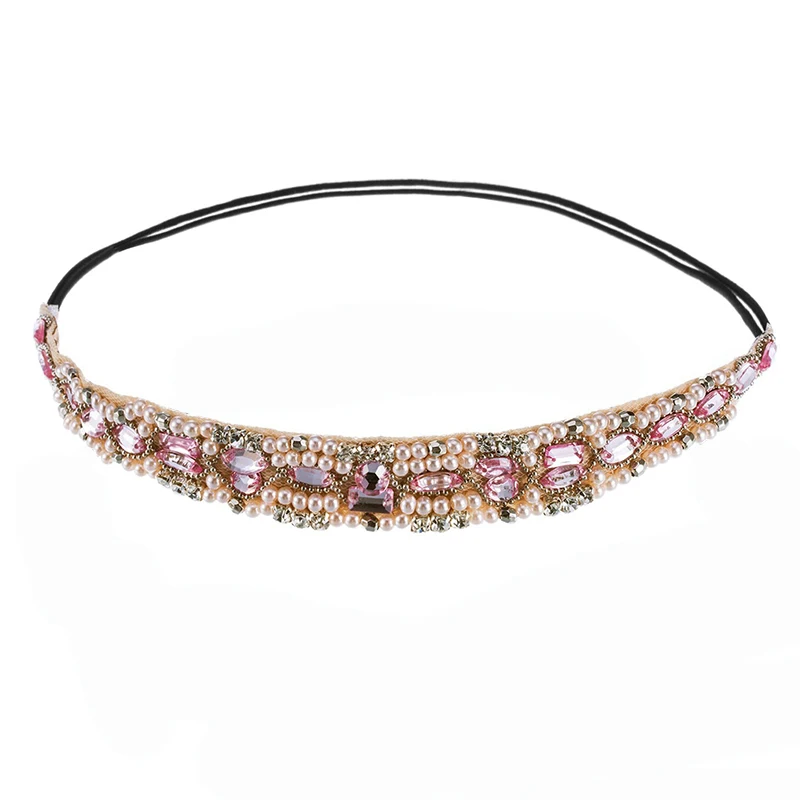 Wedding Hair Accessories Fashion Crystal Rhinestone Beads Handmade Elastic Pearl Headband Manual Club Beaded Headdress Headwrap