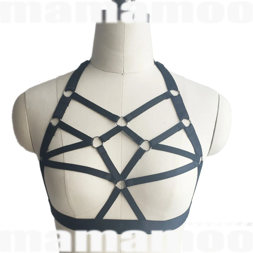 

New black white sexy harness lingerie pastel goth cage bra rave fetish wear body harness harajuku gothic body harness cage bra