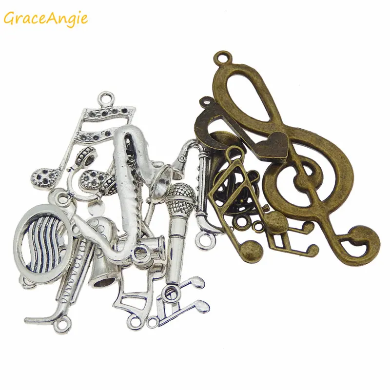 GraceAngie 10pcs Mixed Instruments Music Notes Pendant Zinc Alloy Charms Jewelry Bracelet Necklace Keychain MakingDIY