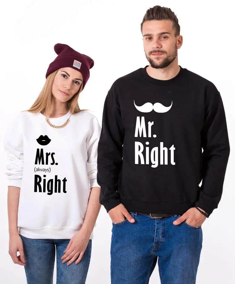 Skuggnas Mr Right, Mrs Always Right Couple Sweatshirts Anniversary Gift Unisex Fashion Tumblr Jumper Long Sleeve Matching Tops