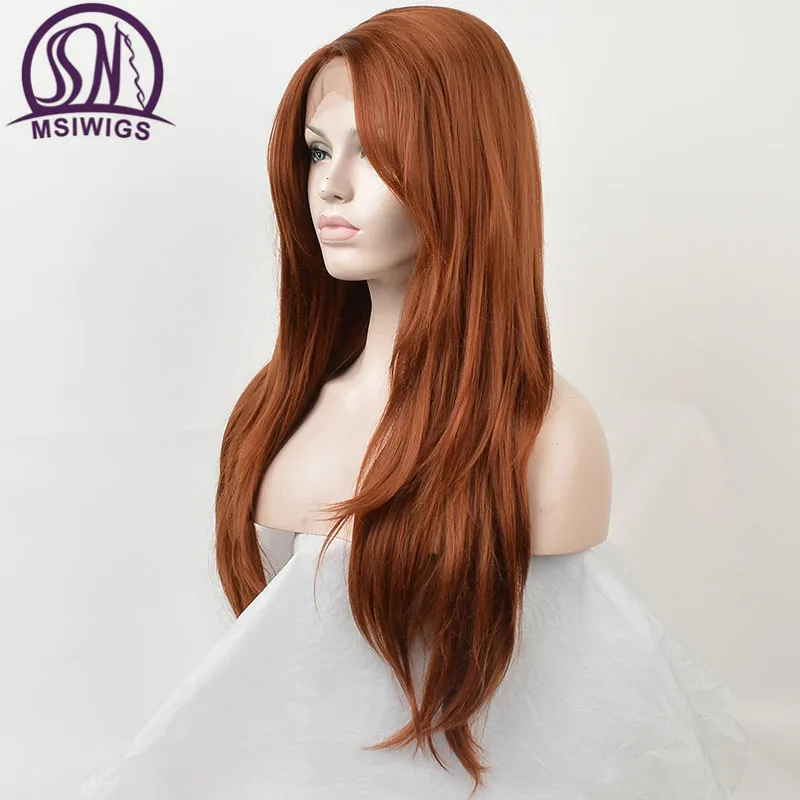 MSIWIGS Synthetic Lace Front Wigs for Women Long Straight Orange Wig with Bangs Heat Resistant Hair