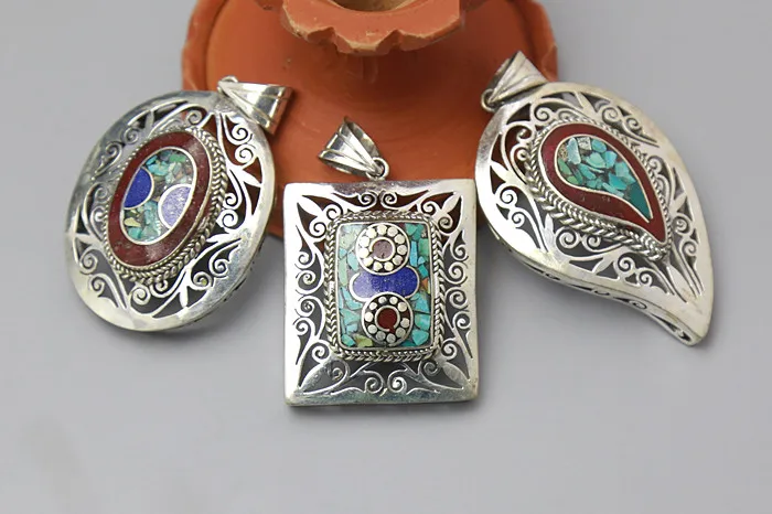 TBP341 Nepal Indian Handmade Colorful Stone Vintage Pendants Tibetan Oval Square Water Drop Pendants