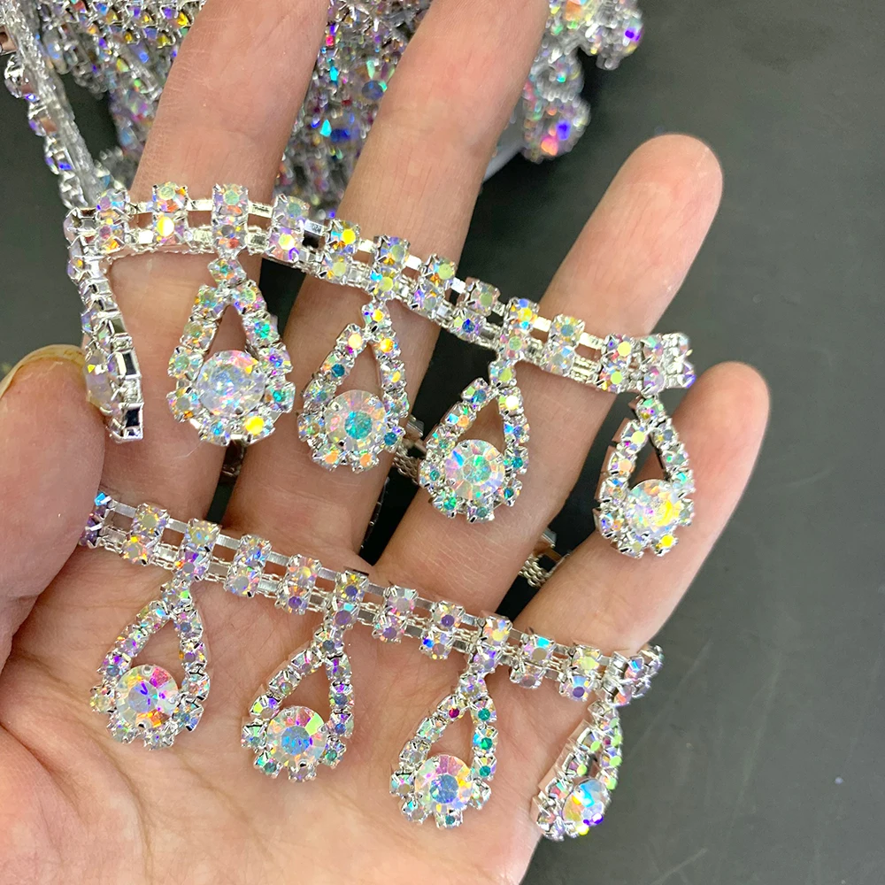 Good quality tassel Crystal AB Rhinestone Cup Chain Sew On Rhinestone Gold Base Trim For Wedding Dress Rhinestone Belt