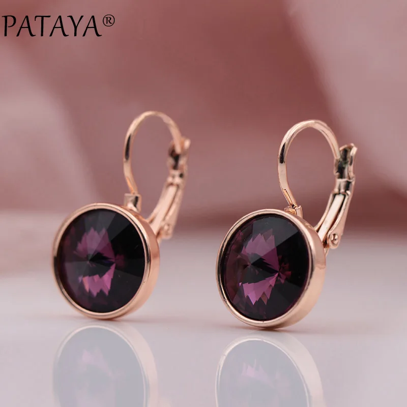 PATAYA 328 Anniversary 585 Rose Gold Color Round Crystal Dangle Earrings Women Wedding Party Luxury Fine Jewelry Accessories